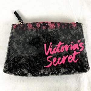 Victoria's Secret Lace Detail Hot Pink Makeup Zipup Bag Case